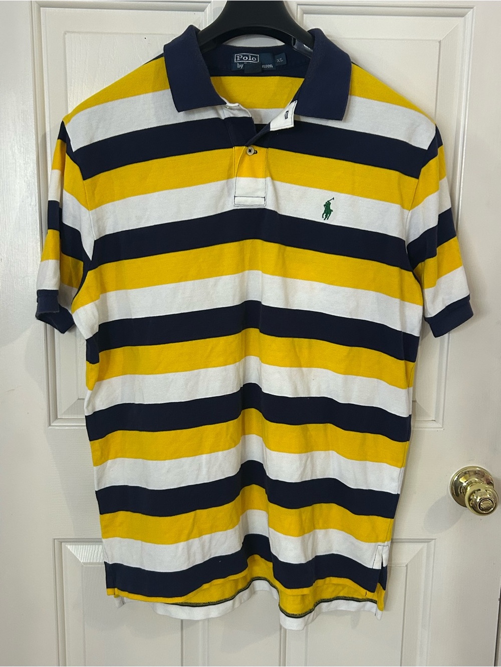 Ralph Lauren Polo Shirt Mens XL Yellow Blue Vintage Striped Casual Preppy Pony
